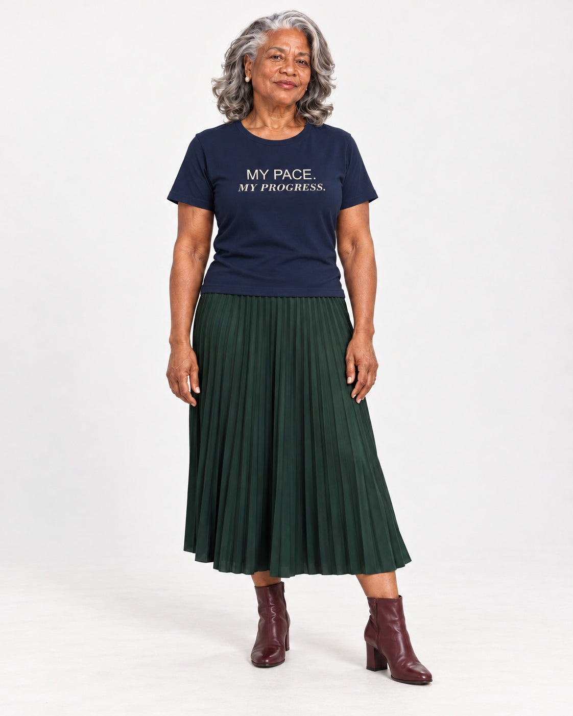 Vivienne wearing the Navy MY PACE. MY PROGRESS. Bella+Canvas 3001 tee — full-length natural studio outfit