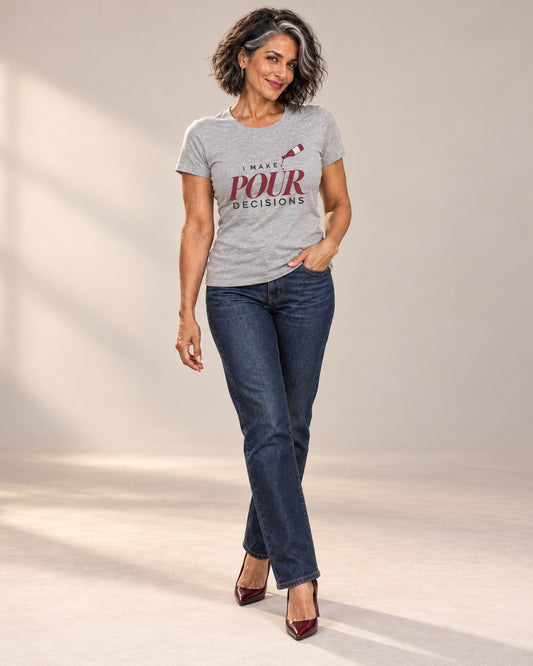 Freya wearing Blame the Vintage. in Athletic Heather with straight-leg jeans and burgundy heels; I Make Pour Decisions wine-bottle artwork.