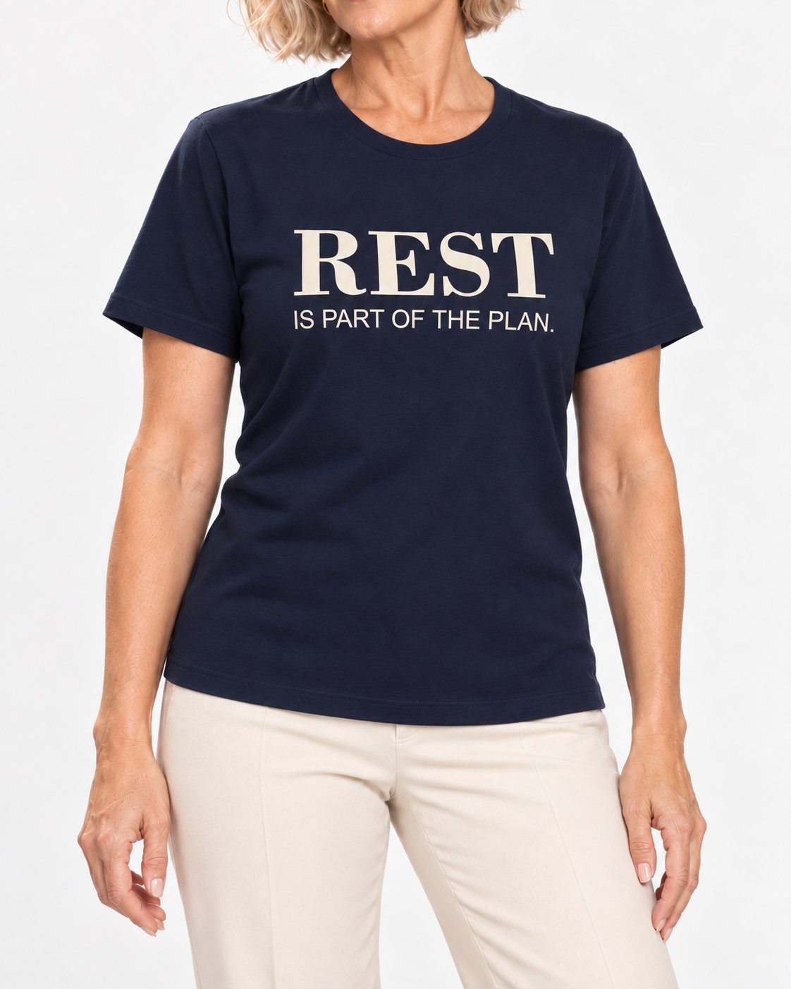 Claudia wearing the Navy Her Time Off Is Well Spent. Bella+Canvas 3001 tee — collar-to-hip detail