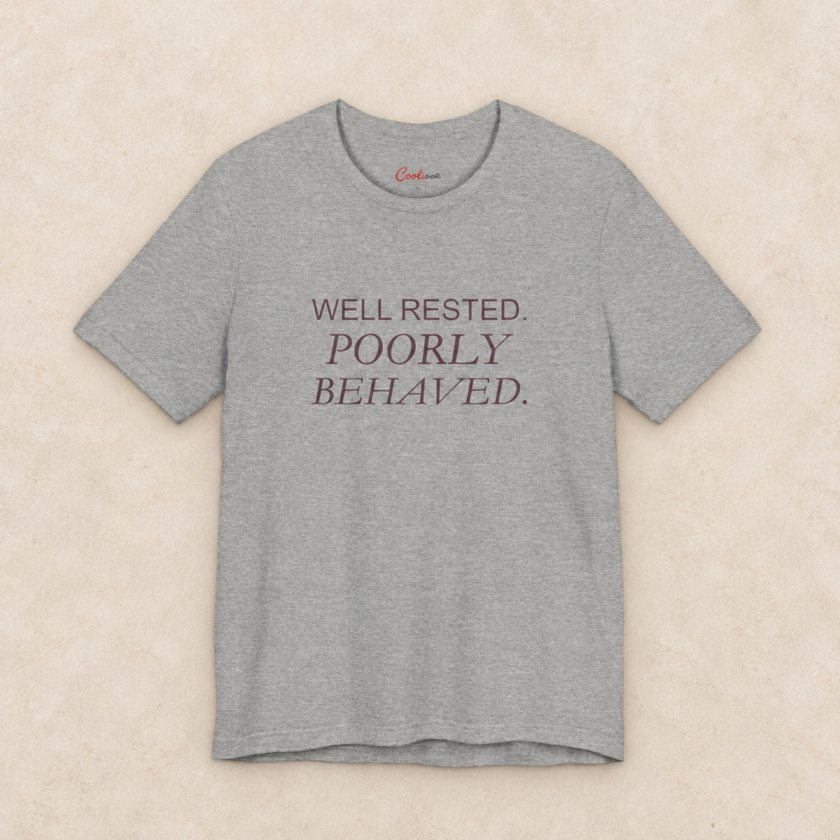WELL RESTED. POORLY BEHAVED. Bella+Canvas3001 T-shirt in Athletic Heather, front flat lay.