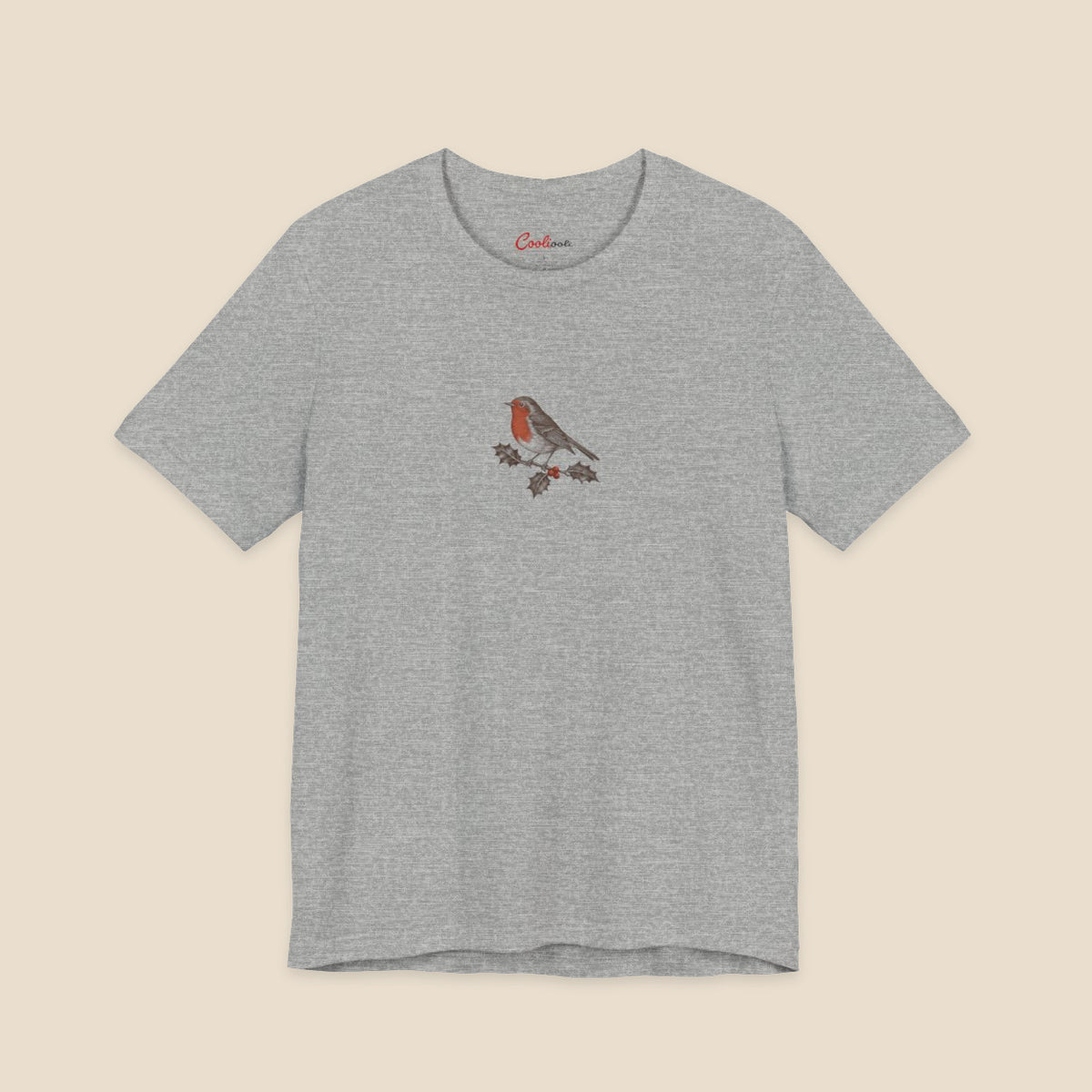 Athletic Heather Bella+Canvas3001 Christmas T-shirt with an original small robin and holly illustration, no lettering.