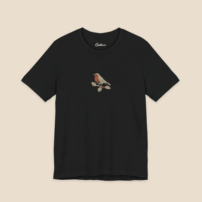 Black Bella+Canvas3001 Christmas T-shirt with an original small robin and holly illustration, no lettering.