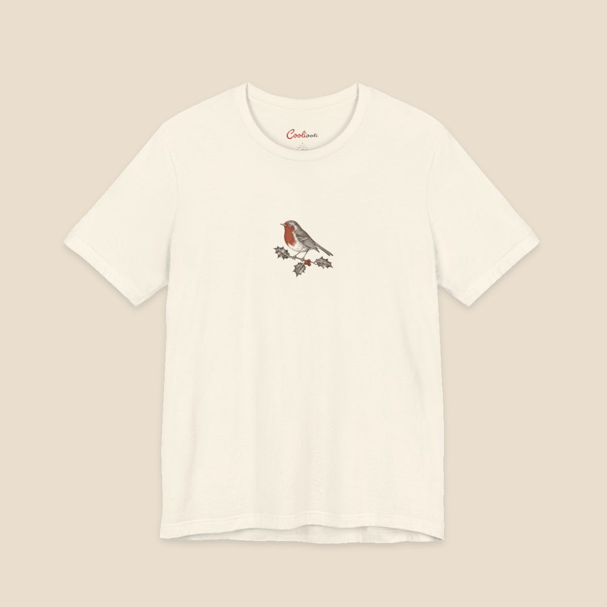 Natural Bella+Canvas3001 Christmas T-shirt with an original small robin and holly illustration, no lettering.