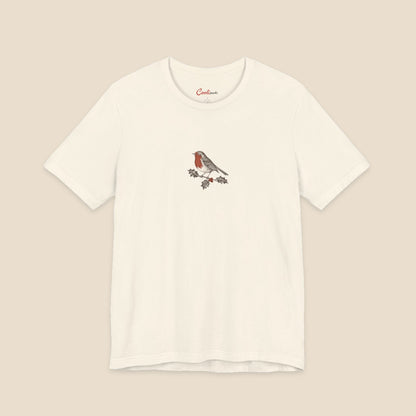 Natural Bella+Canvas3001 Christmas T-shirt with an original small robin and holly illustration, no lettering.