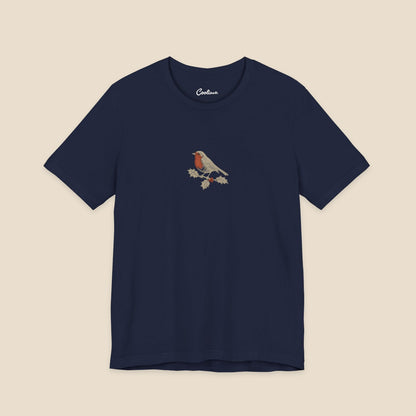 Navy Bella+Canvas3001 Christmas T-shirt with an original small robin and holly illustration, no lettering.