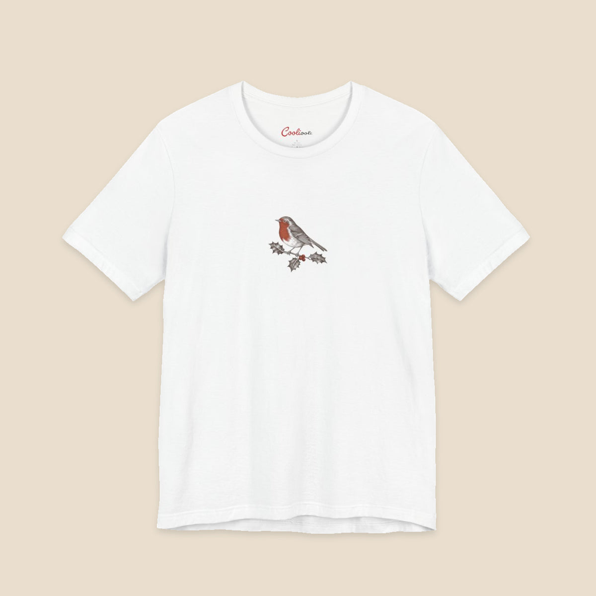 White Bella+Canvas3001 Christmas T-shirt with an original small robin and holly illustration, no lettering.