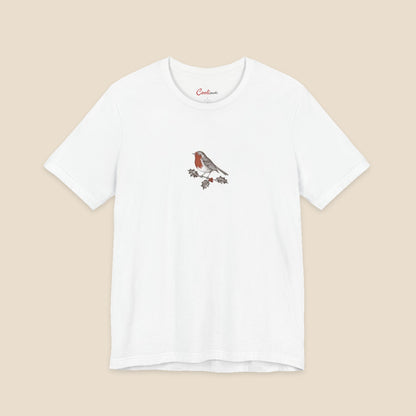 White Bella+Canvas3001 Christmas T-shirt with an original small robin and holly illustration, no lettering.