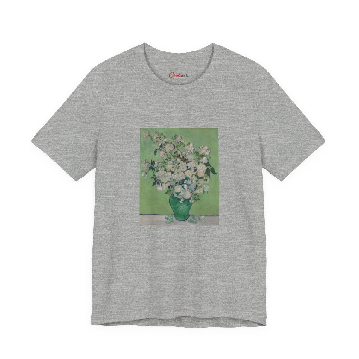 Van Gogh Roses Bella+Canvas 3001 T-shirt in Athletic Heather, full front flat lay.