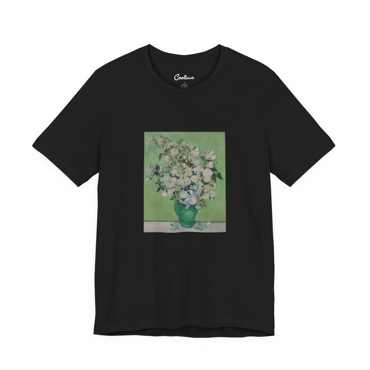 Van Gogh Roses Bella+Canvas 3001 T-shirt in Black, full front flat lay.