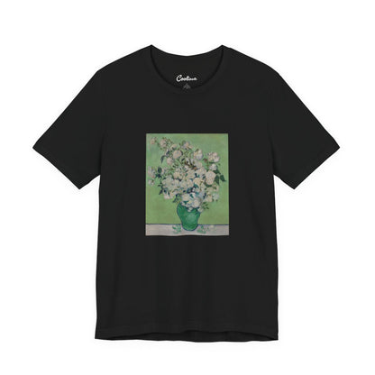 Van Gogh Roses Bella+Canvas 3001 T-shirt in Black, full front flat lay.