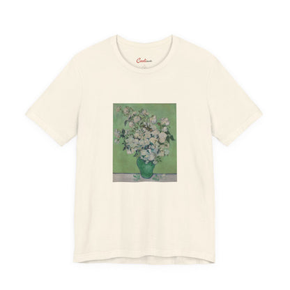 Van Gogh Roses Bella+Canvas 3001 T-shirt in Natural, full front flat lay.