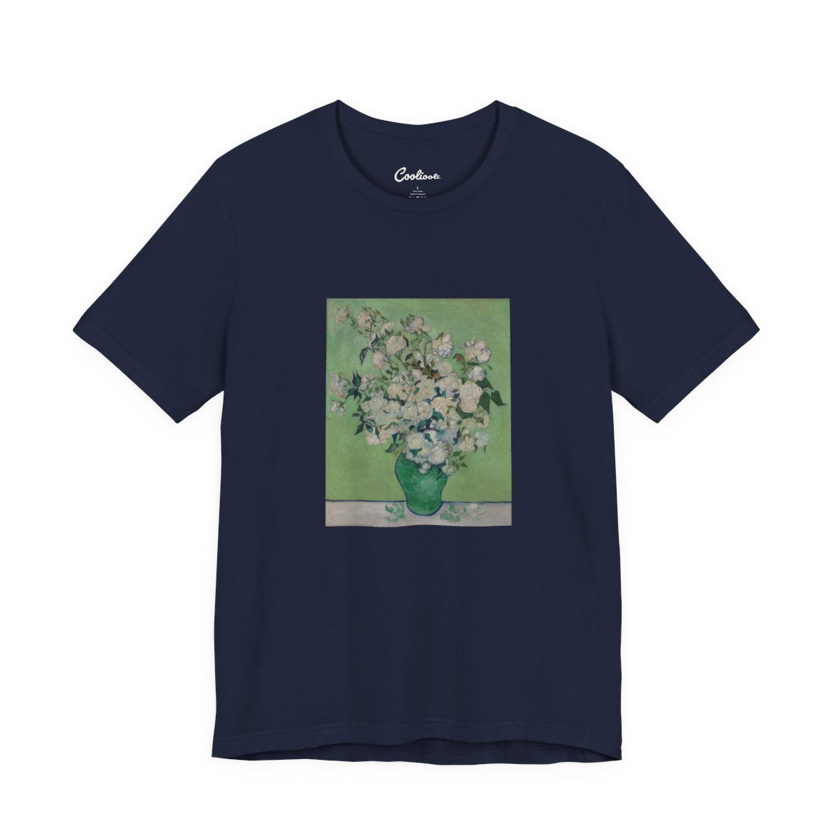 Van Gogh Roses Bella+Canvas 3001 T-shirt in Navy, full front flat lay.