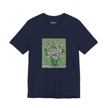 Van Gogh Roses Bella+Canvas 3001 T-shirt in Navy, full front flat lay.