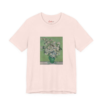 Van Gogh Roses Bella+Canvas 3001 T-shirt in Soft Pink, full front flat lay.