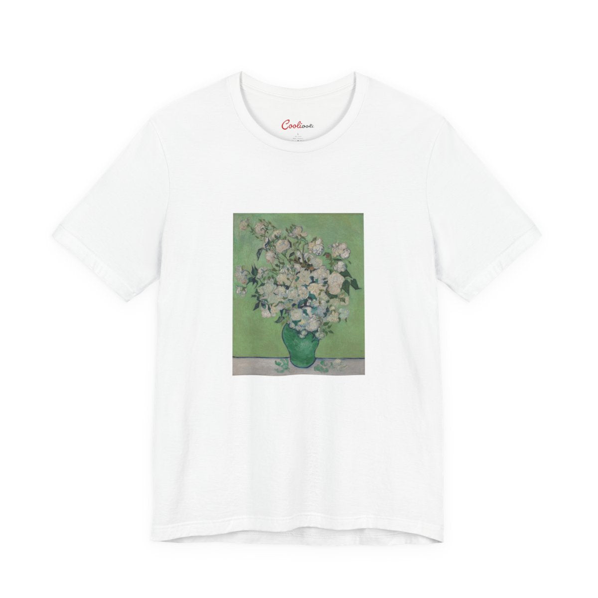 Van Gogh Roses Bella+Canvas 3001 T-shirt in White, full front flat lay.