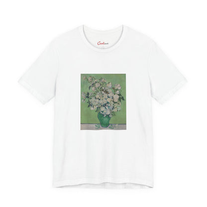 Van Gogh Roses Bella+Canvas 3001 T-shirt in White, full front flat lay.