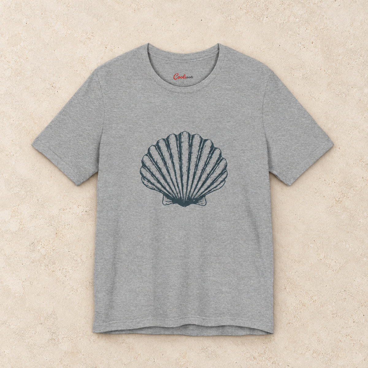 Original scallop shell Bella+Canvas3001 T-shirt in Athletic Heather, front flat lay.