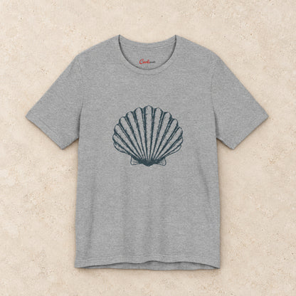 Original scallop shell Bella+Canvas3001 T-shirt in Athletic Heather, front flat lay.