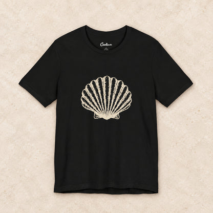 Original scallop shell Bella+Canvas3001 T-shirt in Black, front flat lay.