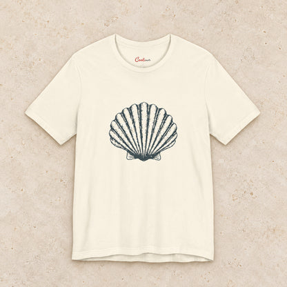 Original scallop shell Bella+Canvas3001 T-shirt in Natural, front flat lay.