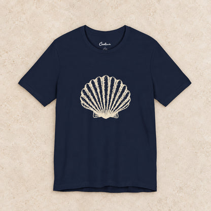 Original scallop shell Bella+Canvas3001 T-shirt in Navy, front flat lay.