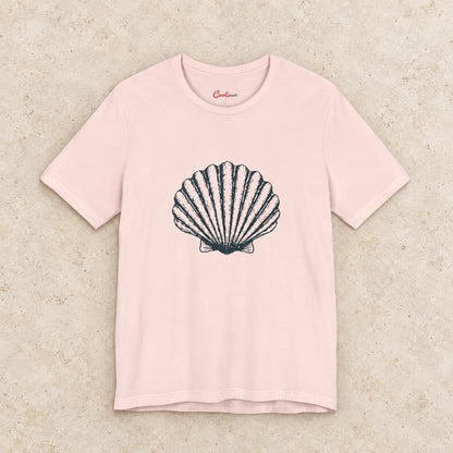 Original scallop shell Bella+Canvas3001 T-shirt in Soft Pink, front flat lay.