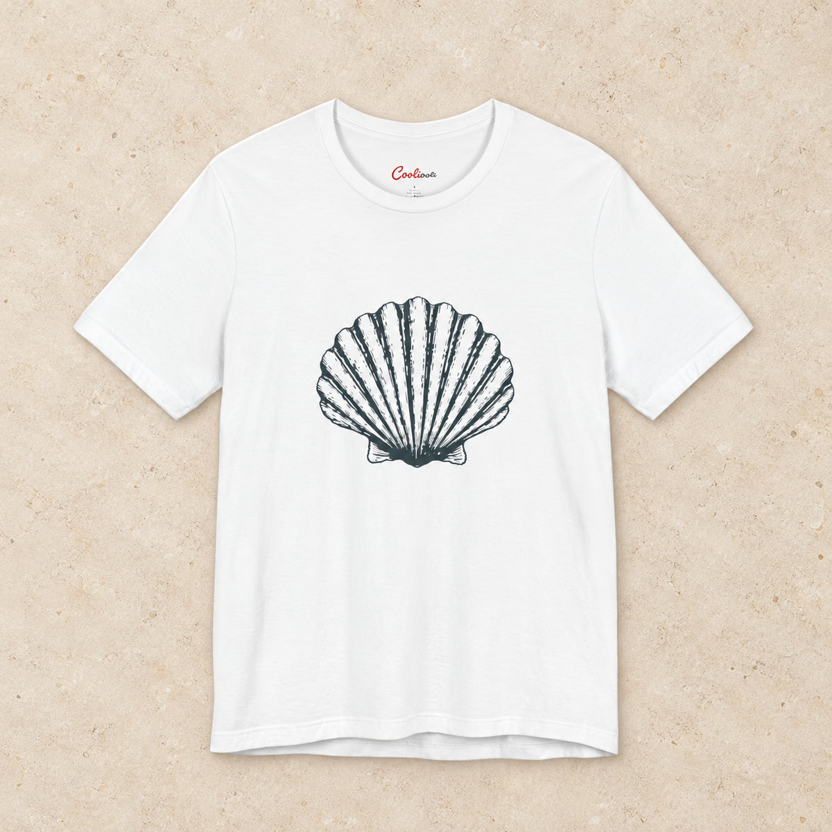 Original scallop shell Bella+Canvas3001 T-shirt in White, front flat lay.