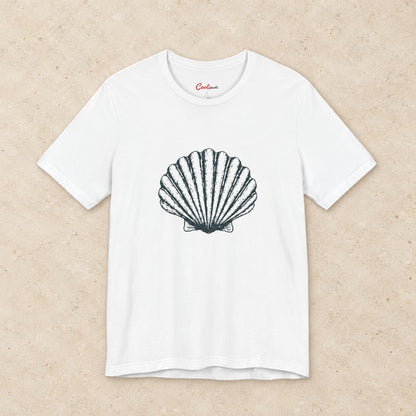 Original scallop shell Bella+Canvas3001 T-shirt in White, front flat lay.