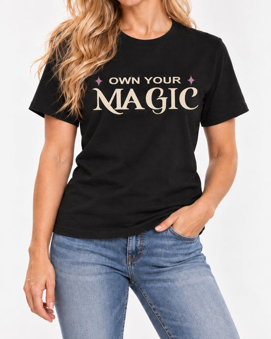 Chloe wearing the Black She's Got That Something. Bella+Canvas 3001 tee — collar-to-hip detail
