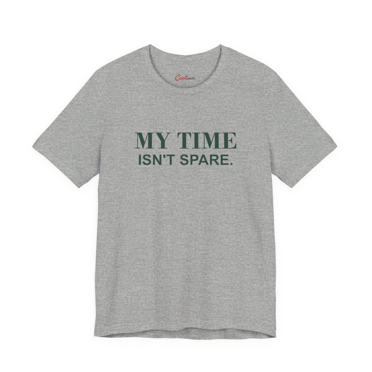MY TIME ISN'T SPARE. Bella+Canvas 3001 tee in Athletic Heather, neat overhead front view