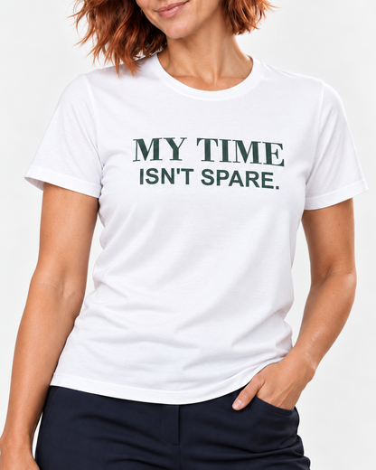 Sienna wearing the White MY TIME ISN'T SPARE. Bella+Canvas 3001 tee — collar-to-hip print detail
