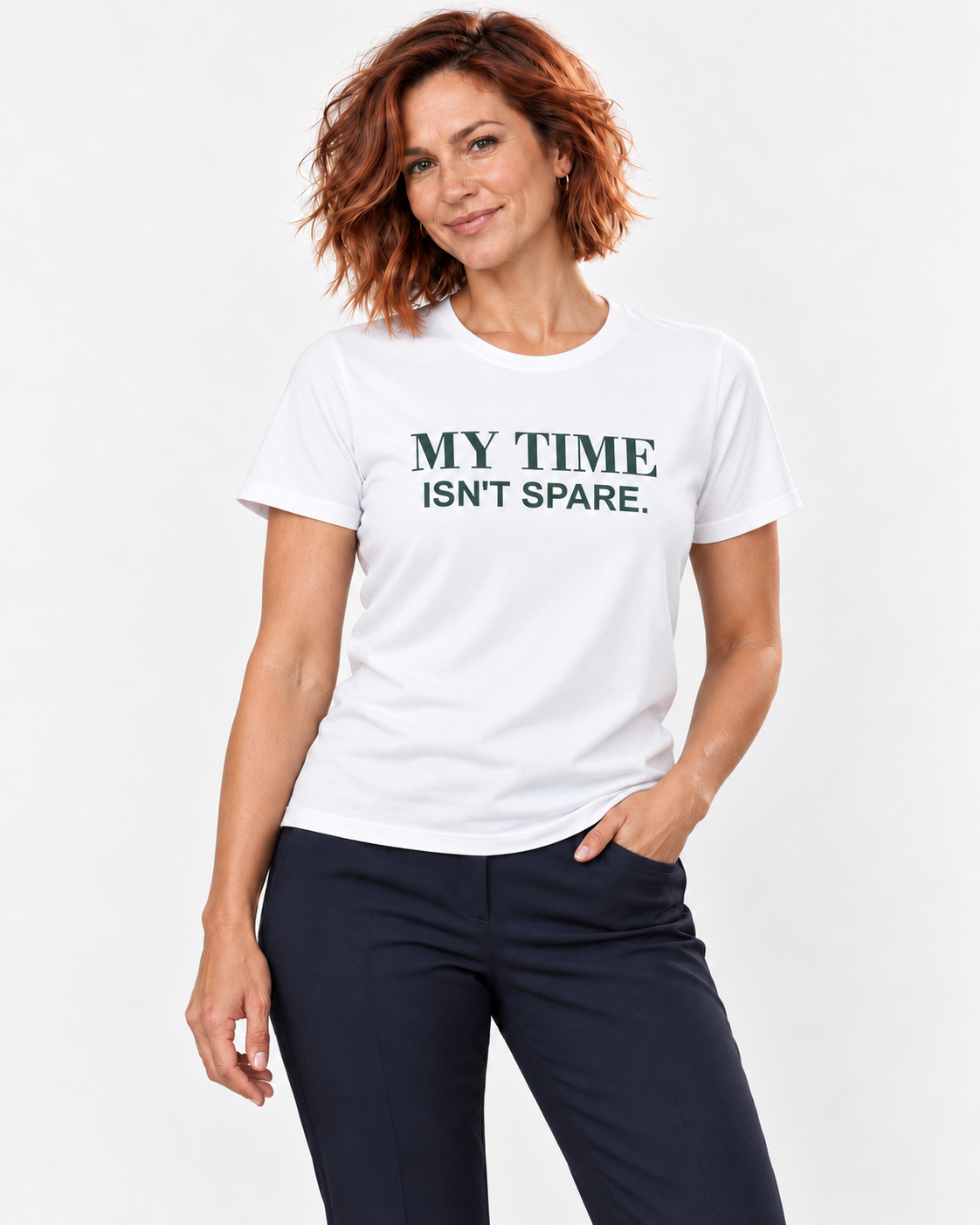 Sienna wearing the White MY TIME ISN'T SPARE. Bella+Canvas 3001 tee in a natural studio portrait