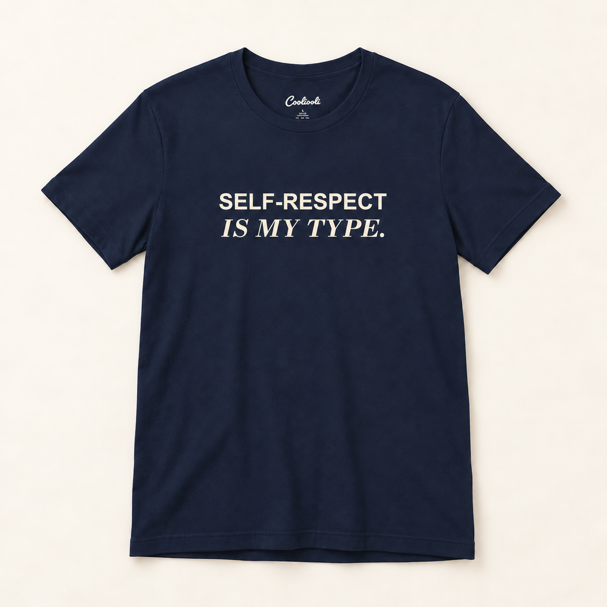 SELF-RESPECT IS MY TYPE. Bella+Canvas 3001 tee in Navy, overhead view on a plain warm neutral studio background