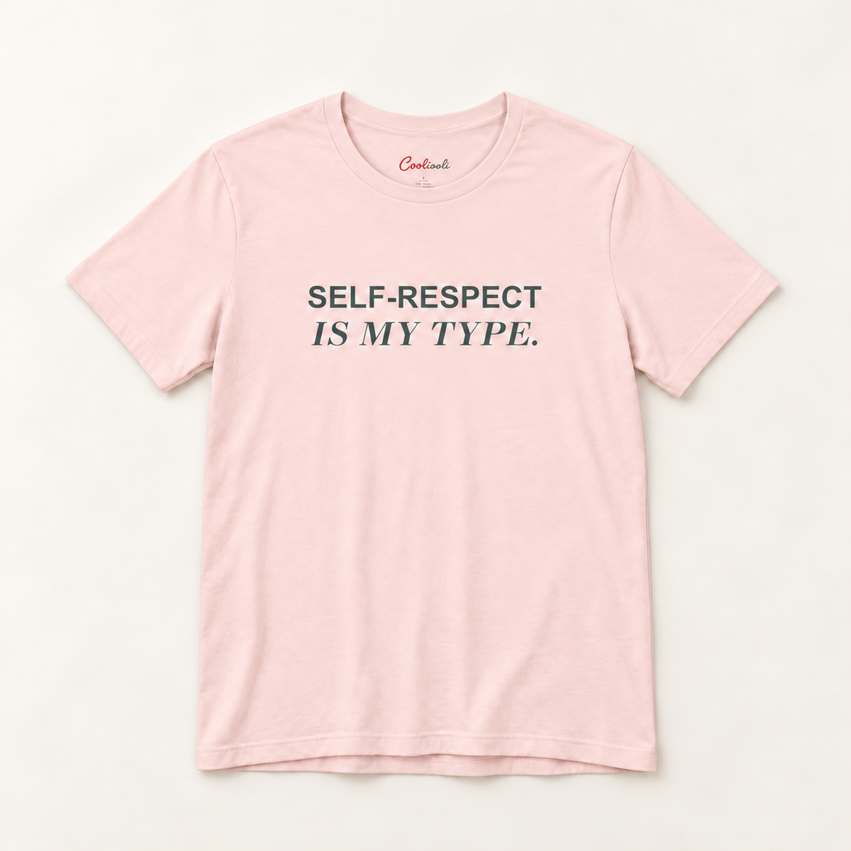 SELF-RESPECT IS MY TYPE. Bella+Canvas 3001 tee in Soft Pink, overhead view on a plain warm neutral studio background