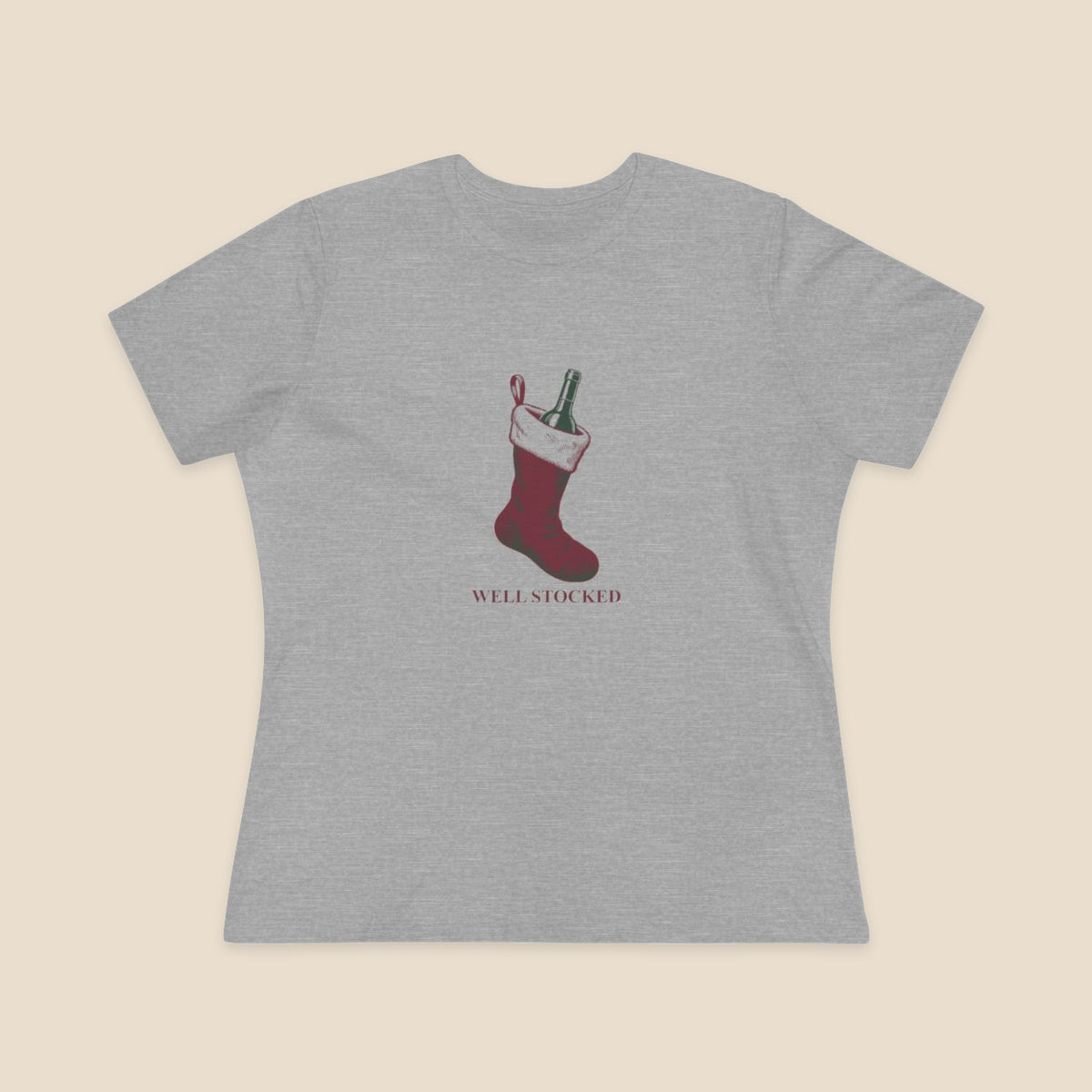 Well Stocked wine-stocking Christmas graphic on an Athletic Heather Bella+Canvas 6400 women’s relaxed-fit tee; front colour preview.