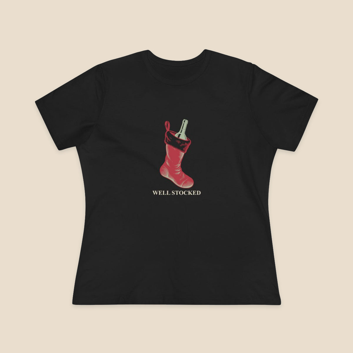 Well Stocked wine-stocking Christmas graphic on a Black Bella+Canvas 6400 women’s relaxed-fit tee; front colour preview.