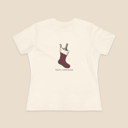 Well Stocked wine-stocking Christmas graphic on a Natural Bella+Canvas 6400 women’s relaxed-fit tee; front colour preview.