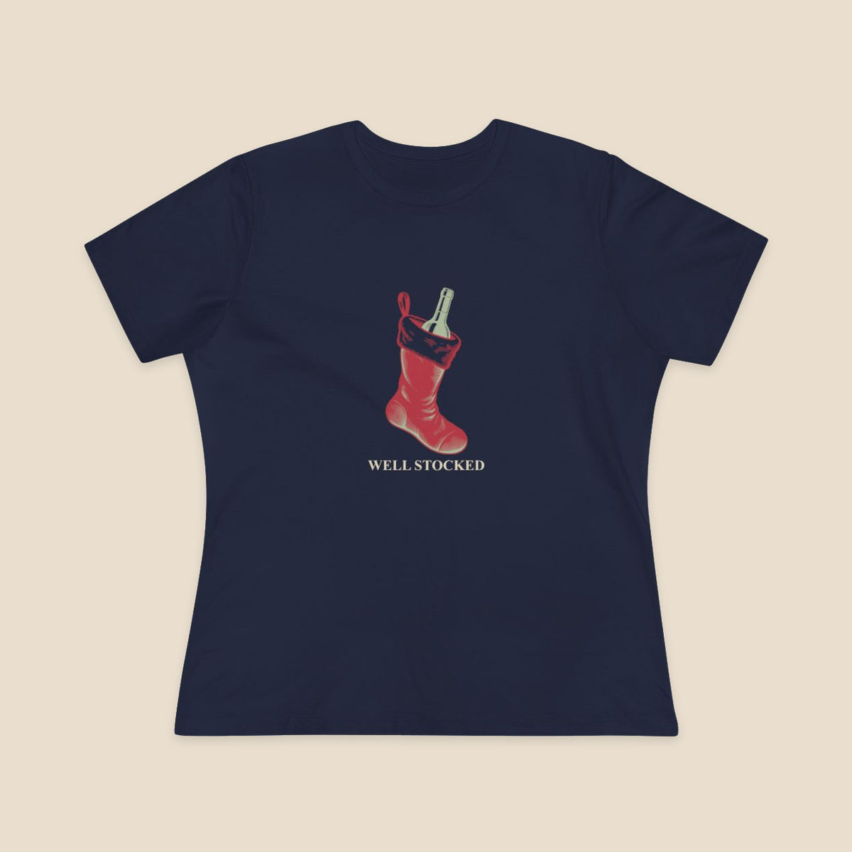 Well Stocked wine-stocking Christmas graphic on a Navy Bella+Canvas 6400 women’s relaxed-fit tee; front colour preview.
