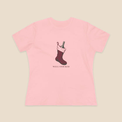 Well Stocked wine-stocking Christmas graphic on a Pink Bella+Canvas 6400 women’s relaxed-fit tee; front colour preview.