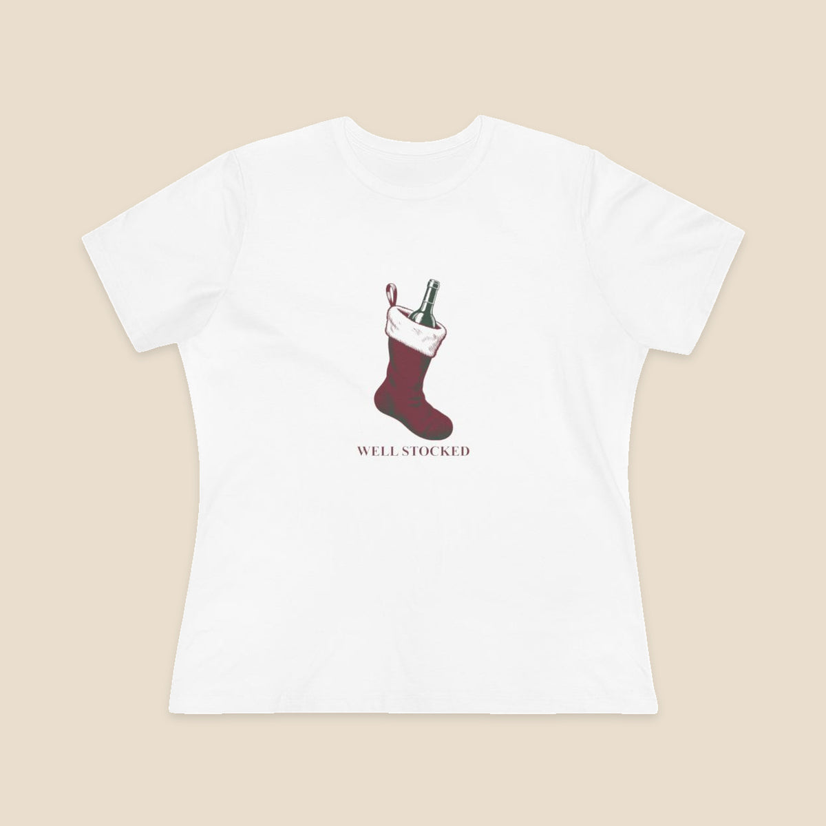 Well Stocked wine-stocking Christmas graphic on a White Bella+Canvas 6400 women’s relaxed-fit tee; front colour preview.