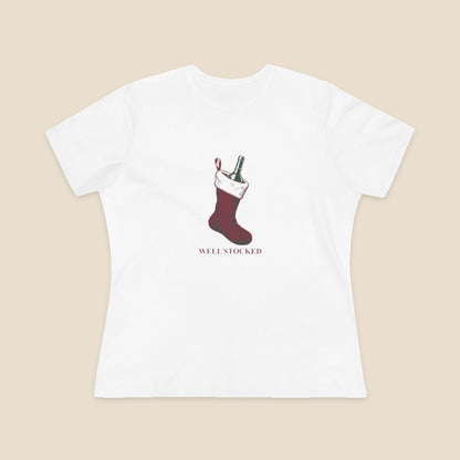 Well Stocked wine-stocking Christmas graphic on a White Bella+Canvas 6400 women’s relaxed-fit tee; front colour preview.
