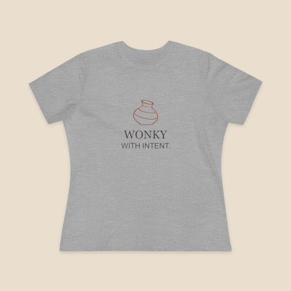 Wonky With Intent pottery graphic on a Athletic Heather Bella+Canvas 6400 women’s relaxed-fit tee; front colour preview.