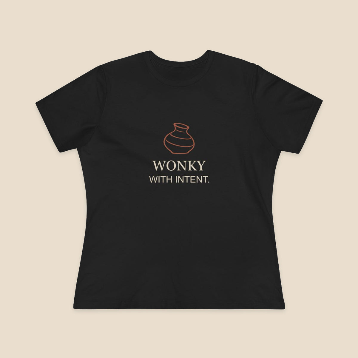 Wonky With Intent pottery graphic on a Black Bella+Canvas 6400 women’s relaxed-fit tee; front colour preview.