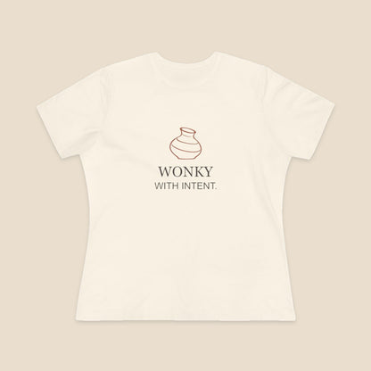 Wonky With Intent pottery graphic on a Natural Bella+Canvas 6400 women’s relaxed-fit tee; front colour preview.