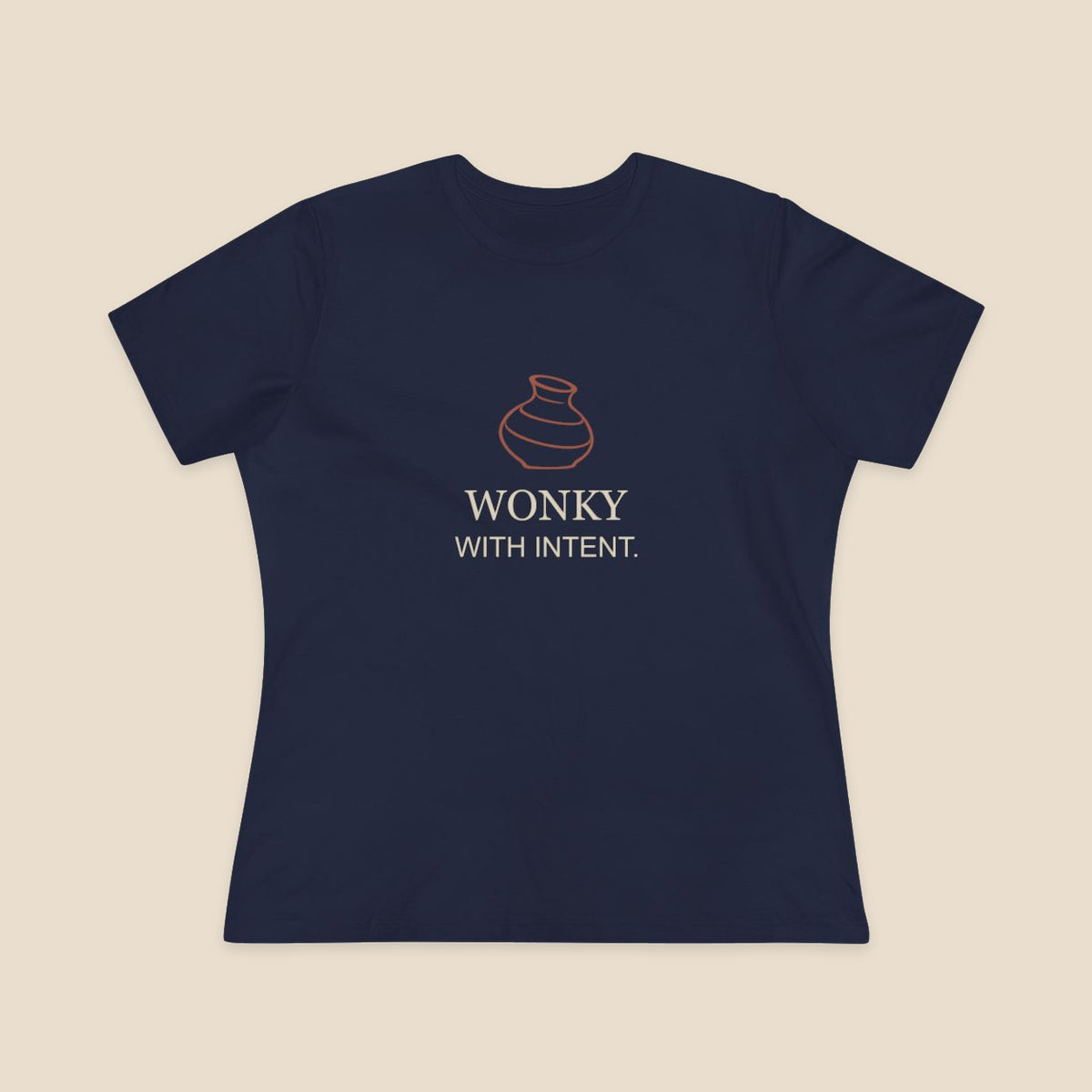 Wonky With Intent pottery graphic on a Navy Bella+Canvas 6400 women’s relaxed-fit tee; front colour preview.
